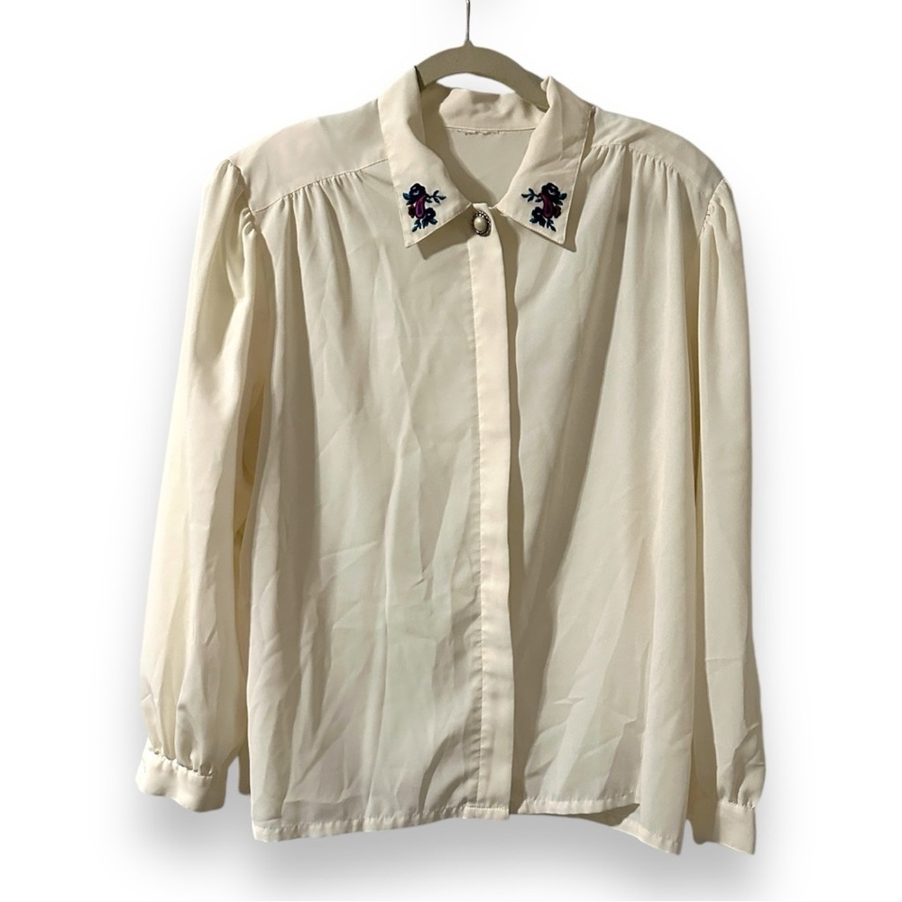 Vintage 70s/80s Cream Long Sleeve Floral Embroidered Blouse Women’s Size XL